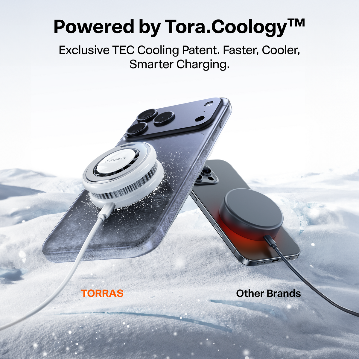 TORRAS PolarCircle Qi2 low-temp wireless charger cools iPhone, contrasting with heating competitor.