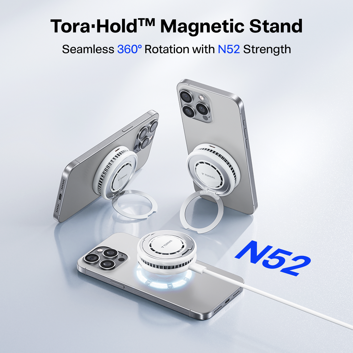 TORRAS Tora-Hold magnetic stand for PolarCircle Qi2 wireless charger, N52 strength.