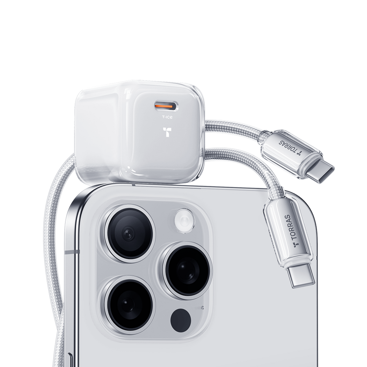 TORRAS IceNano FoldPro 30W fast charger block and USB-C cables for iPhone.