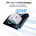 TORRAS Icenano FoldPro 30W USB-C fast charger with PD3.0, connected to an iPhone showing rapid charging.