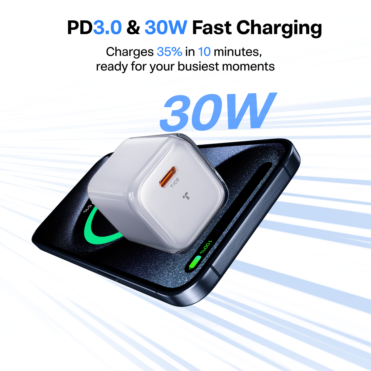 TORRAS Icenano FoldPro 30W USB-C fast charger with PD3.0, connected to an iPhone showing rapid charging.