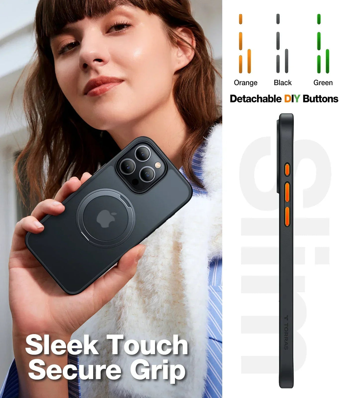 TORRAS Ostand R iPhone 15 case: Sleek, secure grip, MagSafe ring, customizable DIY buttons.