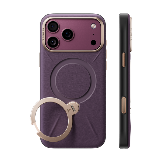 TORRAS Ostand Q3 VegSkin case for iPhone 18 Pro/Pro Max in plum with a champagne ring stand