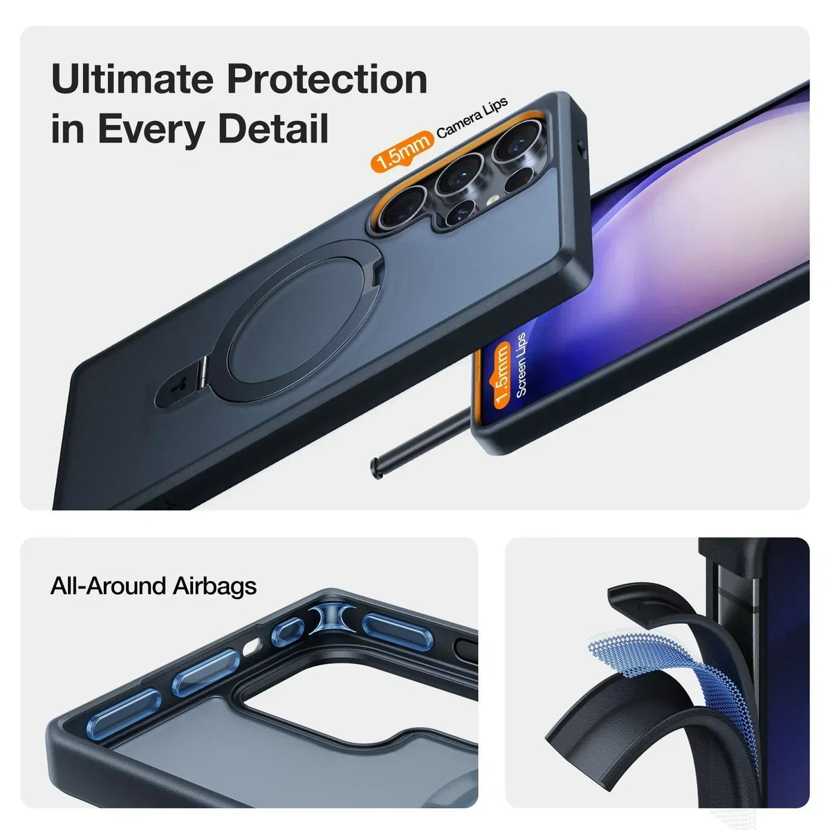 TORRAS Ostand Q1 Guardian Samsung S25 Ultra case: magnetic stand, 1.5mm camera lips, screen protection, airbags.