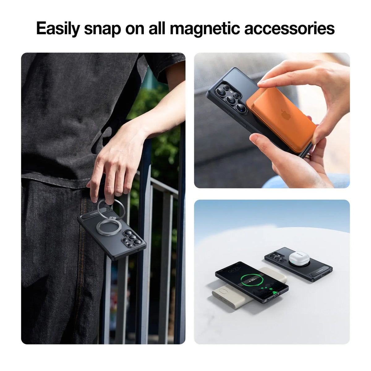 TORRAS Ostand L1 Samsung S25 Plus case: magnetic ring stand, accessory snap-on, wireless charging.