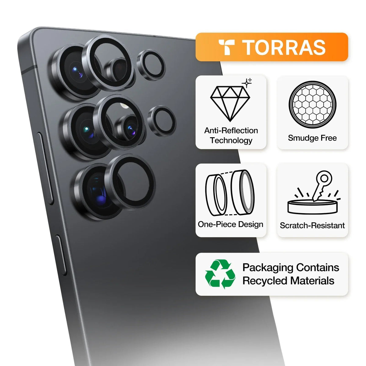 TORRAS Lensguard for Samsung S25 Ultra: anti-reflection, smudge-free, scratch-resistant, one-piece.