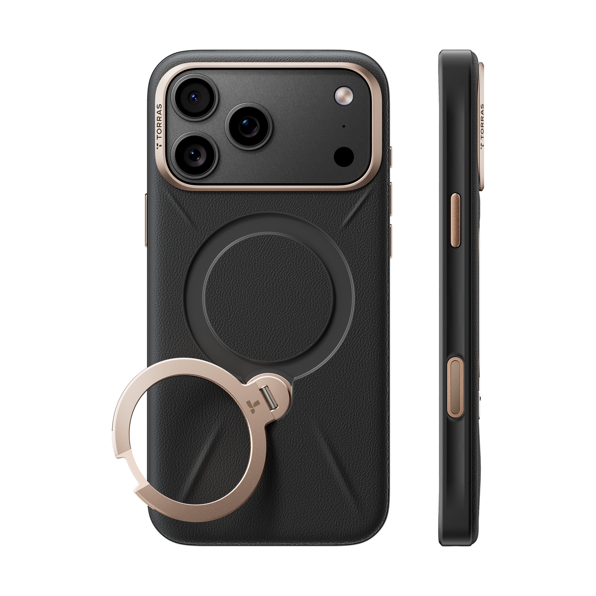 TORRAS Ostand Q3 VegSkin case for iPhone 18 Pro/Pro Max in graphite with a gold ring stand