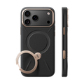 TORRAS Ostand Q3 VegSkin case for iPhone 18 Pro/Pro Max in graphite with a gold ring stand