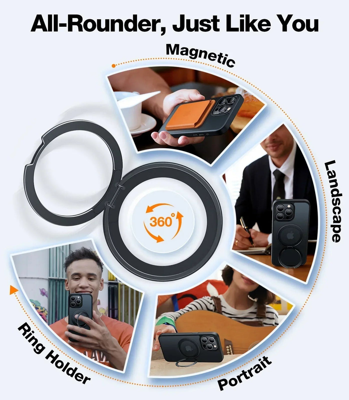 TORRAS Ostand R iPhone 15 case: magnetic, ring holder, 360° stand for portrait/landscape use.