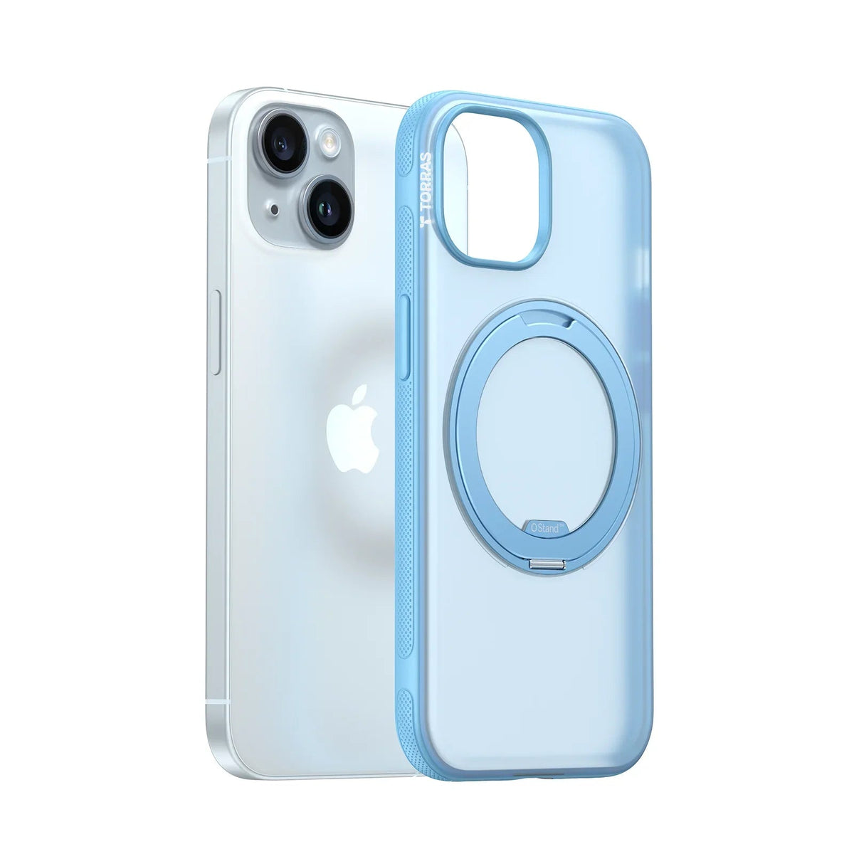 TORRAS Ostand O3 Fitness case for iPhone 15 with translucent light blue magnetic stand.