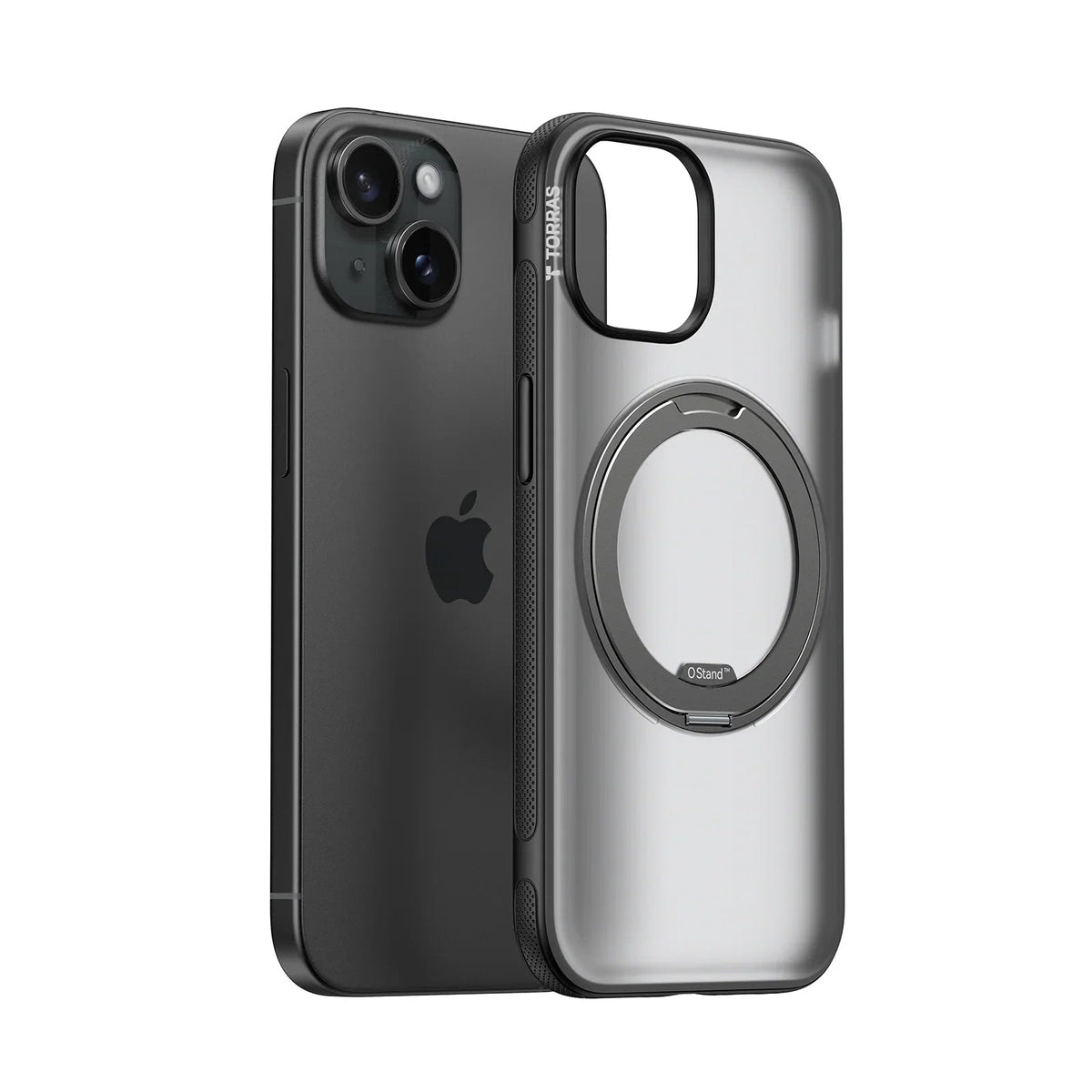 TORRAS Ostand O3 Fitness case for iPhone 15, translucent with magnetic stand.