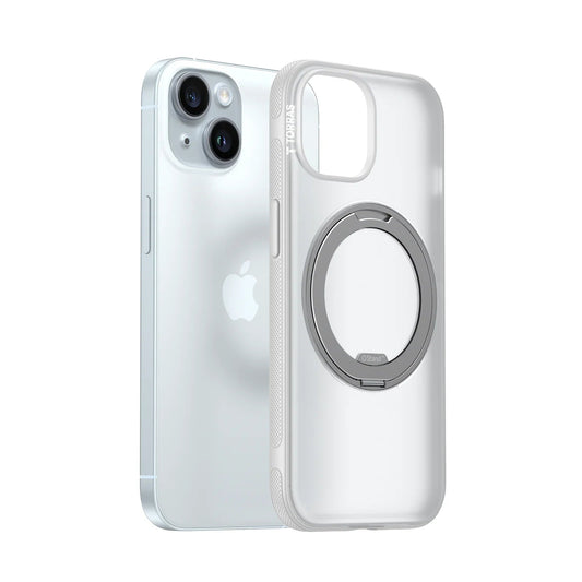 TORRAS Ostand O3 Fitness clear case for iPhone 15 with silver magnetic stand.