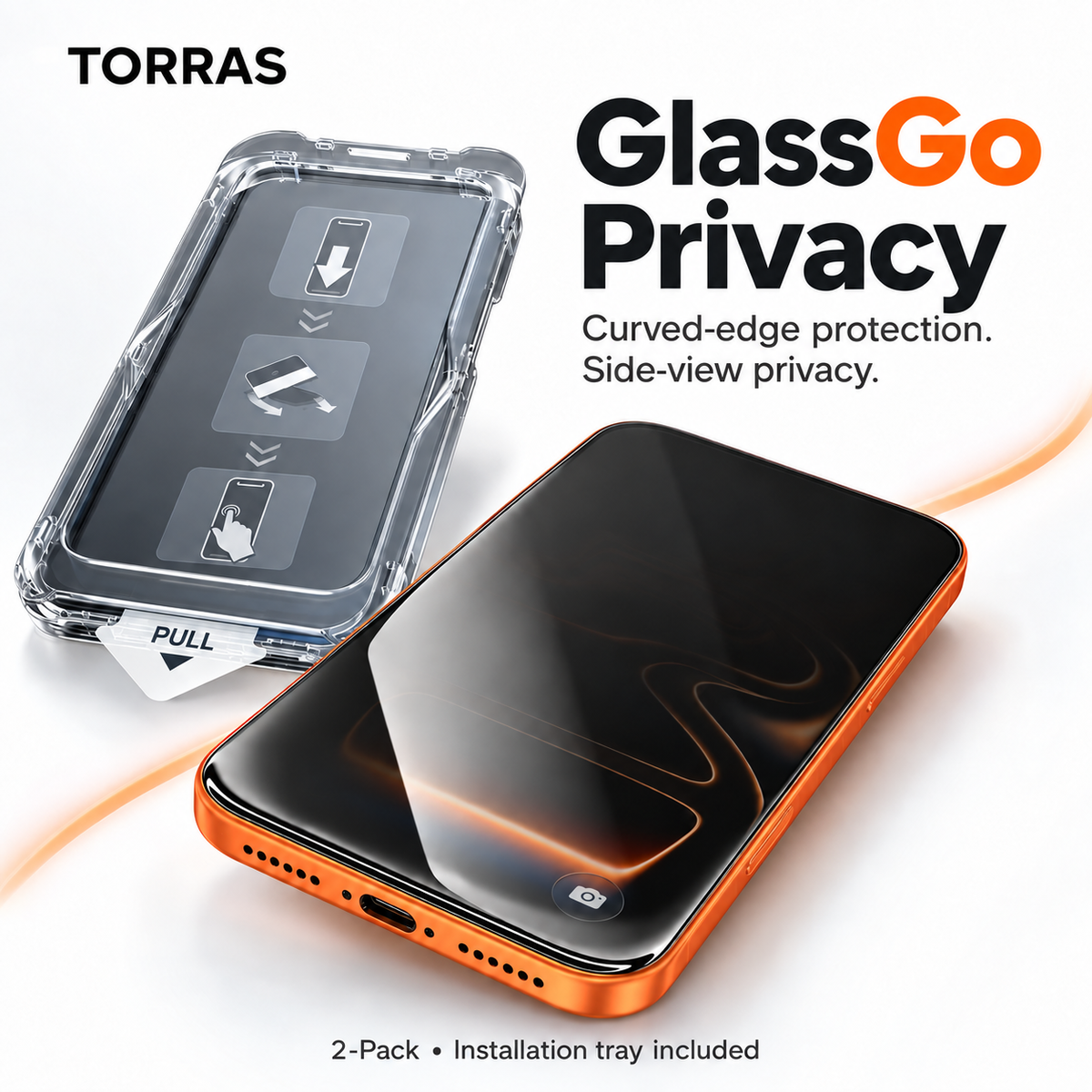 GlassGo Privacy two-pack screen protector with clear installation tray, series illustration