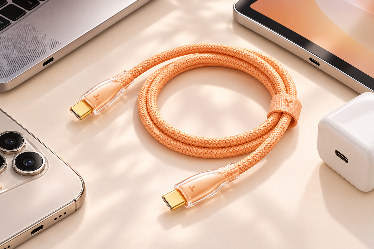 TORRAS Ice Gold cable beside compatible USB-C devices; devices and charger not included