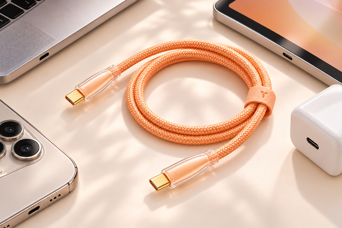 TORRAS Ice Gold cable beside compatible USB-C devices; devices and charger not included