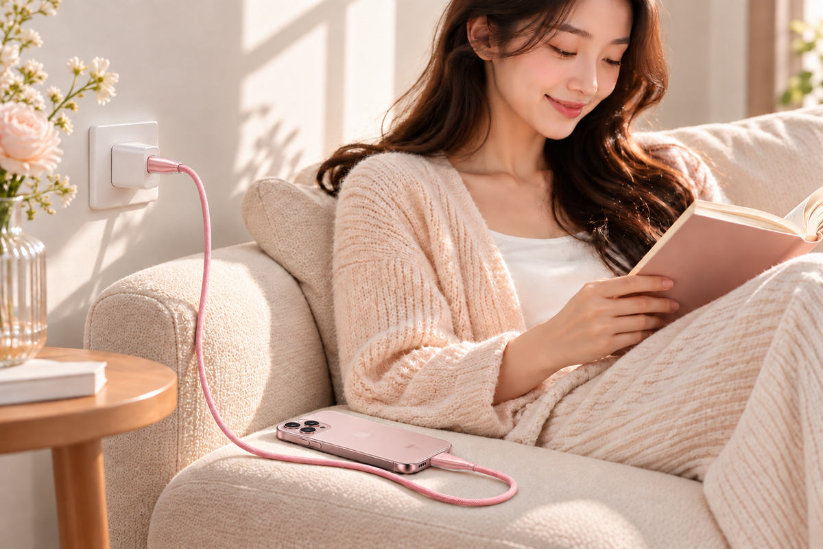 TORRAS Ice Gold pink USB-C cable charging a phone at home