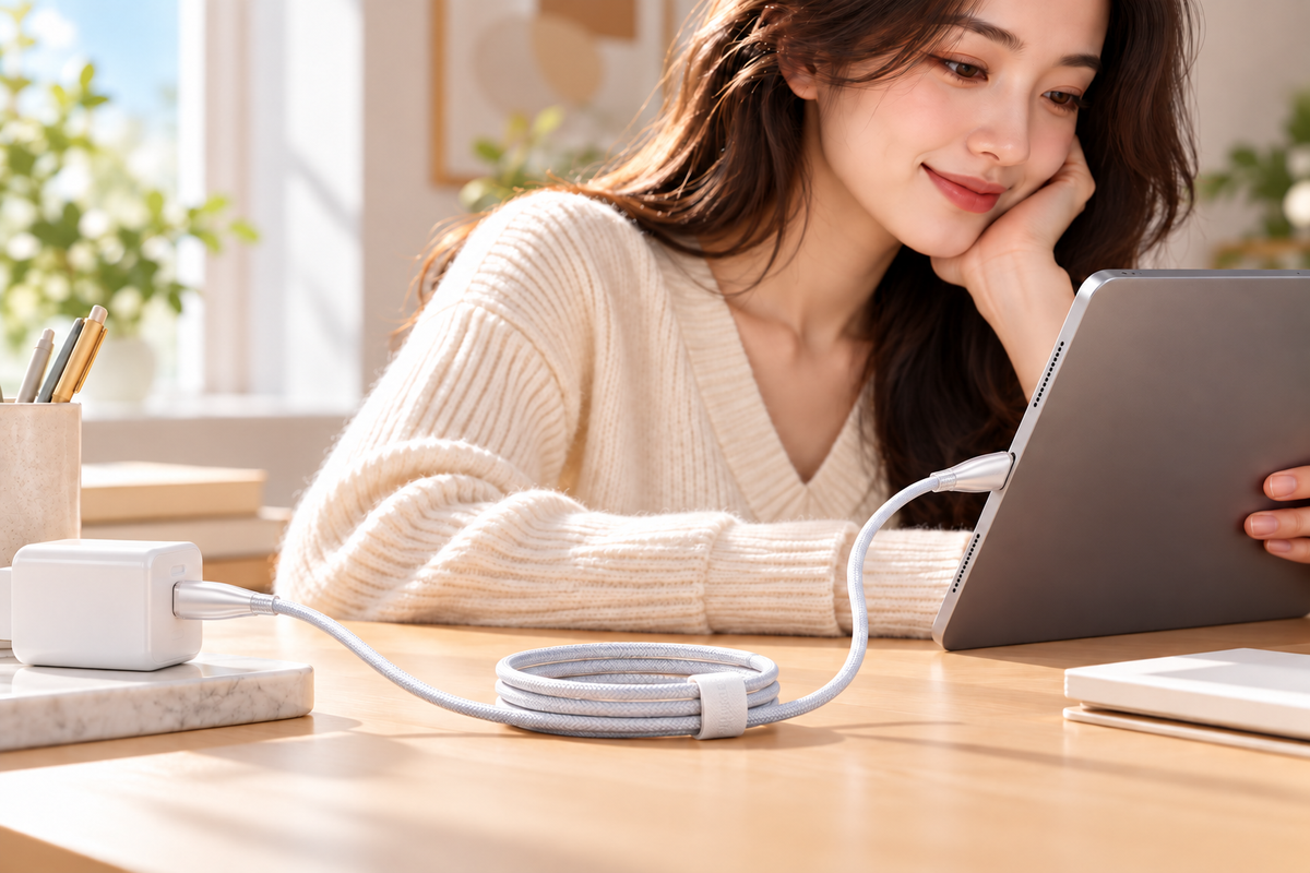 TORRAS Ice Gold white USB-C cable charging a tablet at a desk