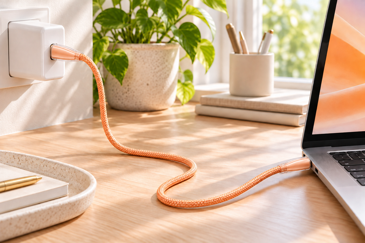 TORRAS Ice Gold orange USB-C cable connecting a charger and laptop