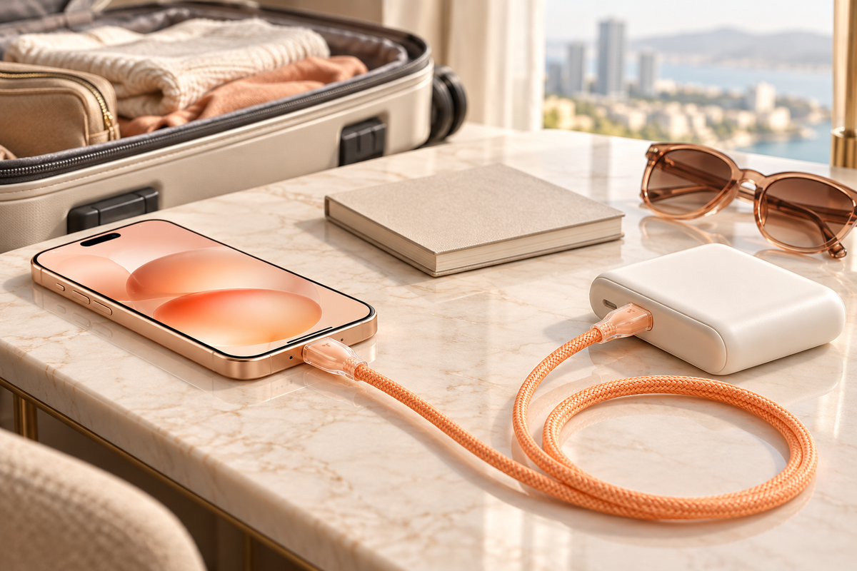 TORRAS Ice Gold orange USB-C cable charging a phone from a power bank