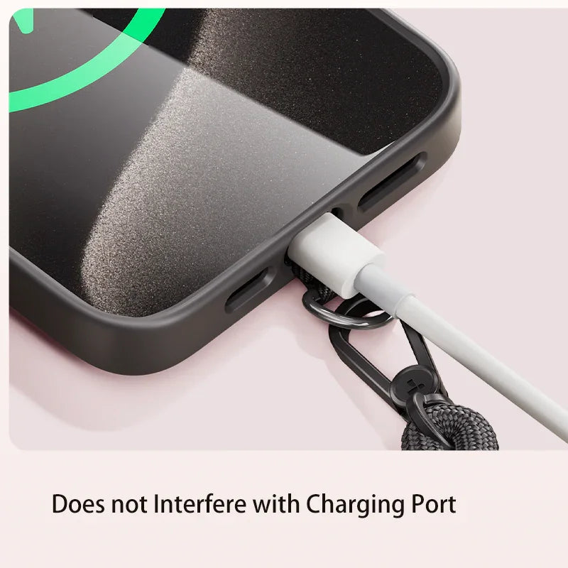 TORRAS LoopGo Flex wrist lanyard attached near charging port, no interference.