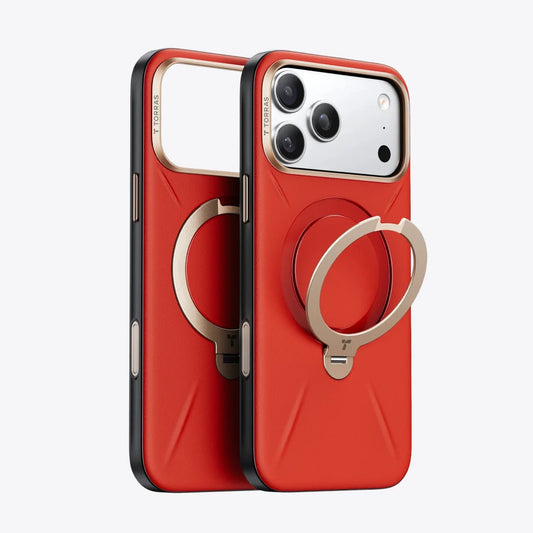 TORRAS Ostand Q3 Vegskin Red Edition iPhone 17 Pro case with gold ring stand.