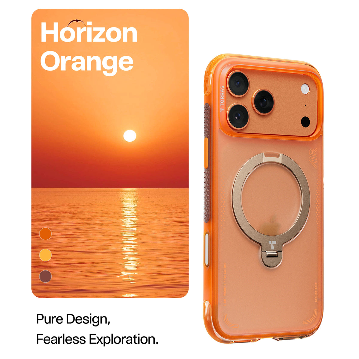 TORRAS Ostand Q3 Air iPhone 17 Pro Max protective case, Horizon Orange, with stand.