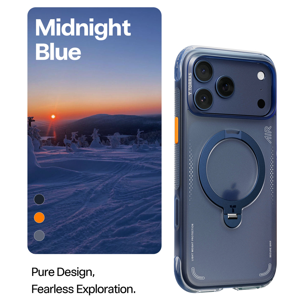 TORRAS Ostand Q3 Air case for iPhone 17 Pro Max, Midnight Blue, lightweight stand.
