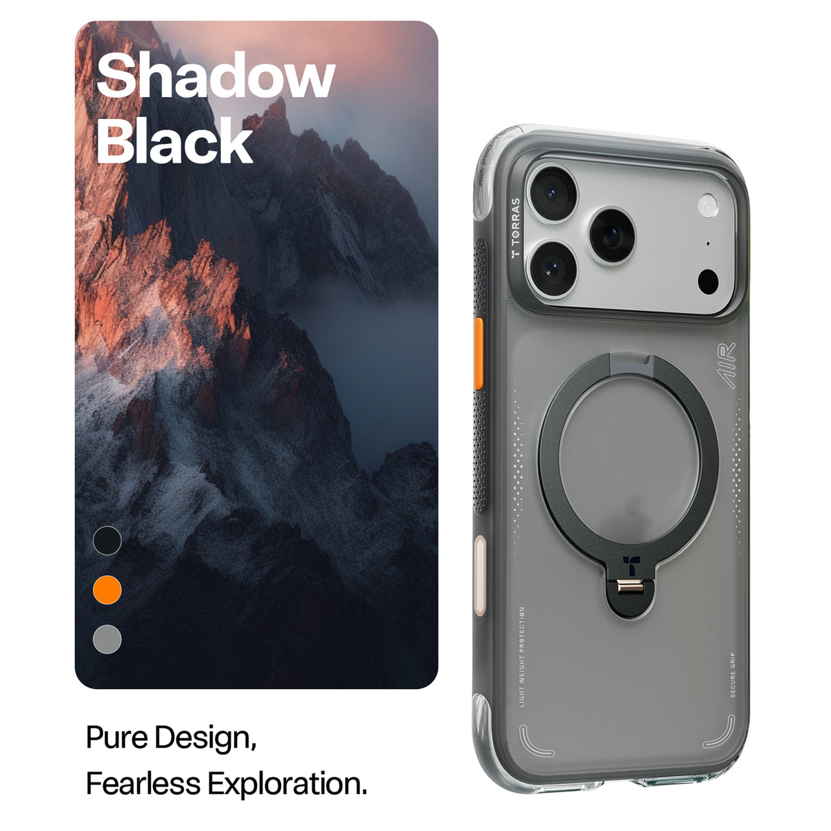 TORRAS Ostand Q3 Air iPhone 17 Pro Max case, Shadow Black, with built-in ring stand.