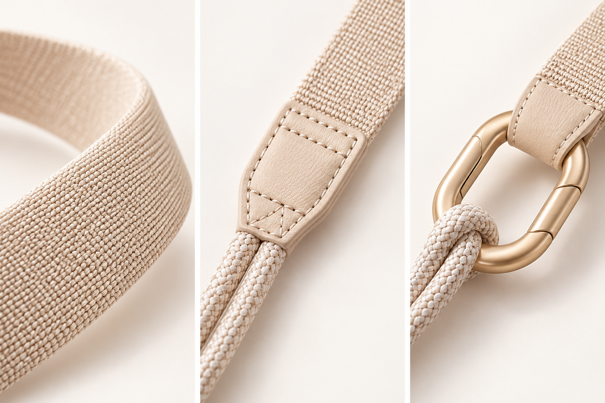 Woven shoulder band, stitched trim and metal clasp details