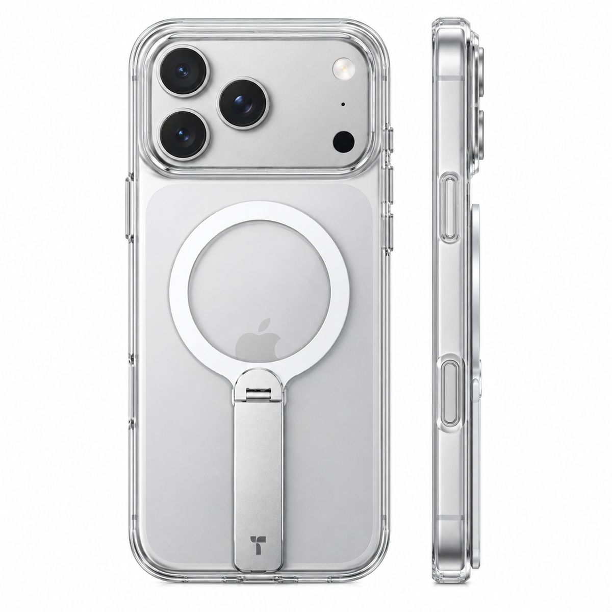 TORRAS LPro clear magnetic stand case, rear and side views on a silver phone