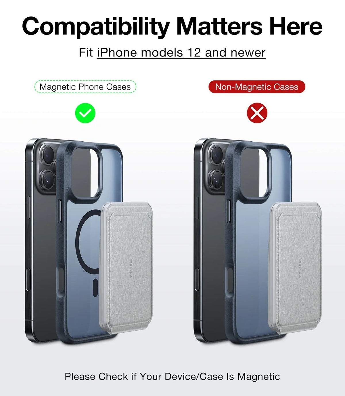 TORRAS minimalist leather wallet magnetically attaches to iPhone 12+ MagSafe case.