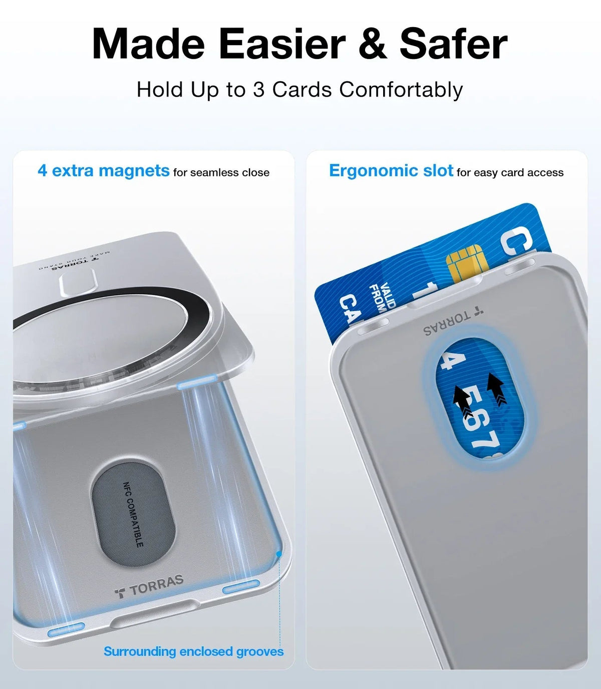 TORRAS magnetic card holder wallet with 4 magnets, ergonomic slot, NFC