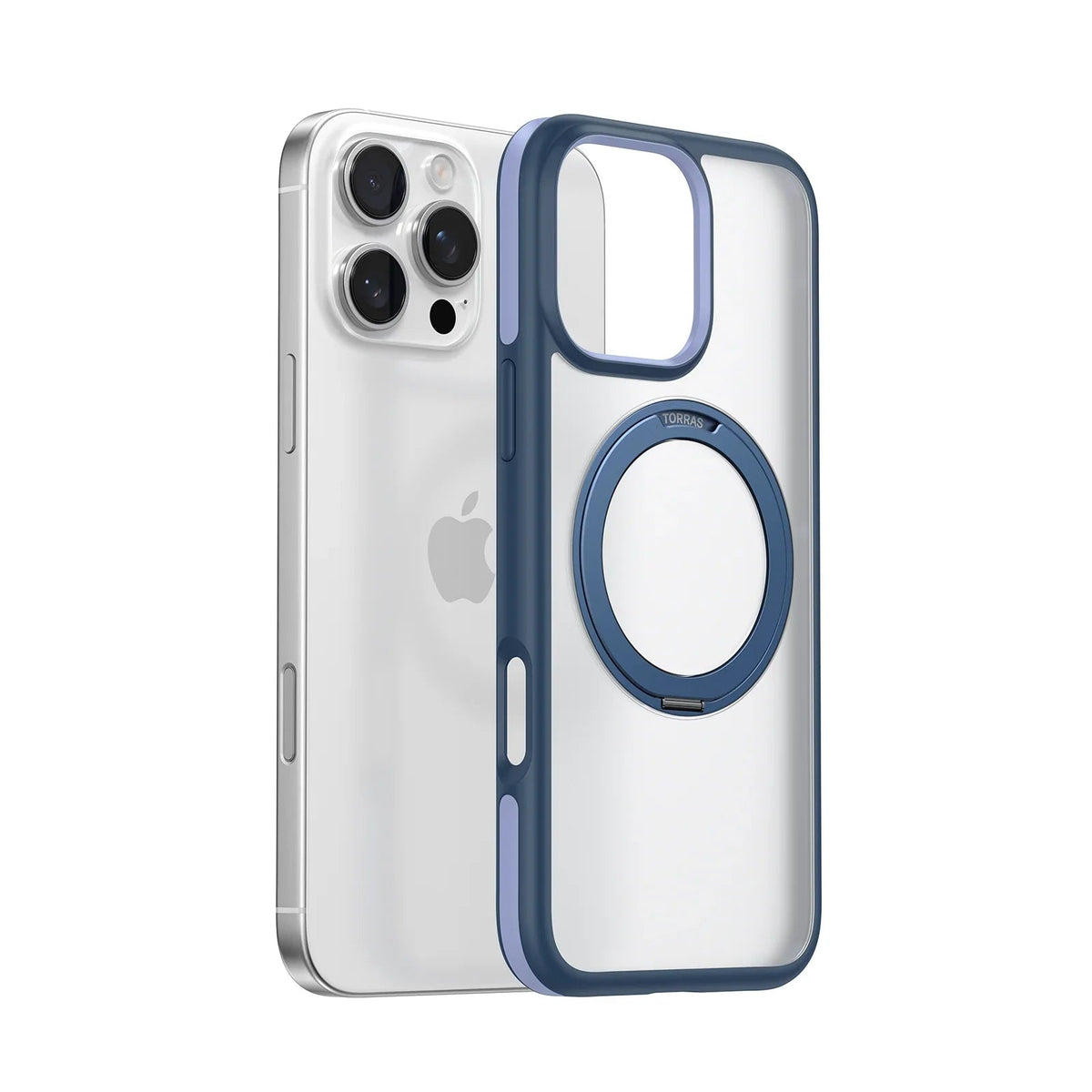 TORRAS Ostand R Fusion clear case for iPhone 16 Pro with blue magnetic ring kickstand.