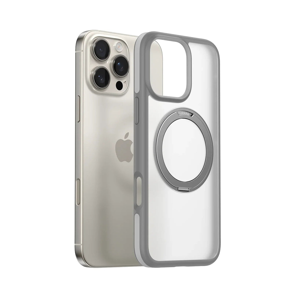 iPhone 16 Pro Ostand R Fusion case by TORRAS: clear, magnetic stand kickstand, grey trim.