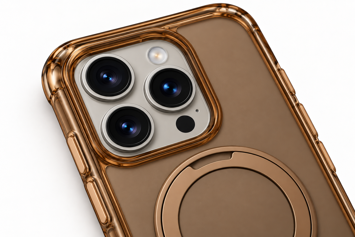 Brown Ostand O3 Air iPhone 16 Pro cushioned bumper and camera detail