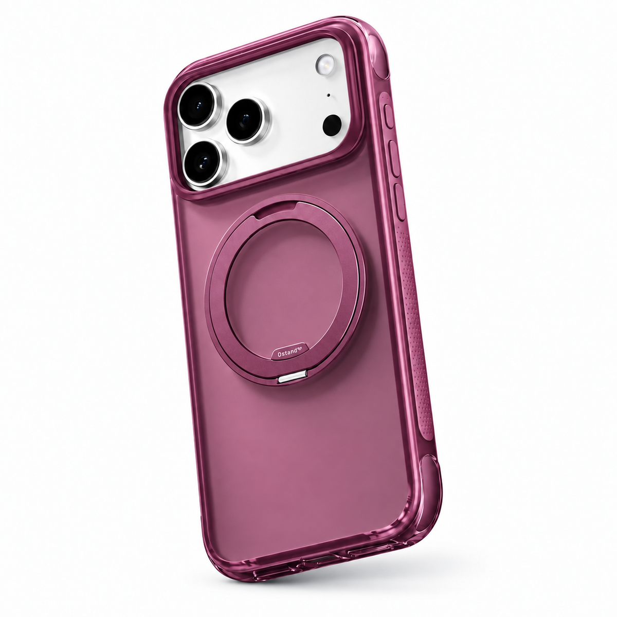 Ostand O3 Air Magenta case on Silver phone