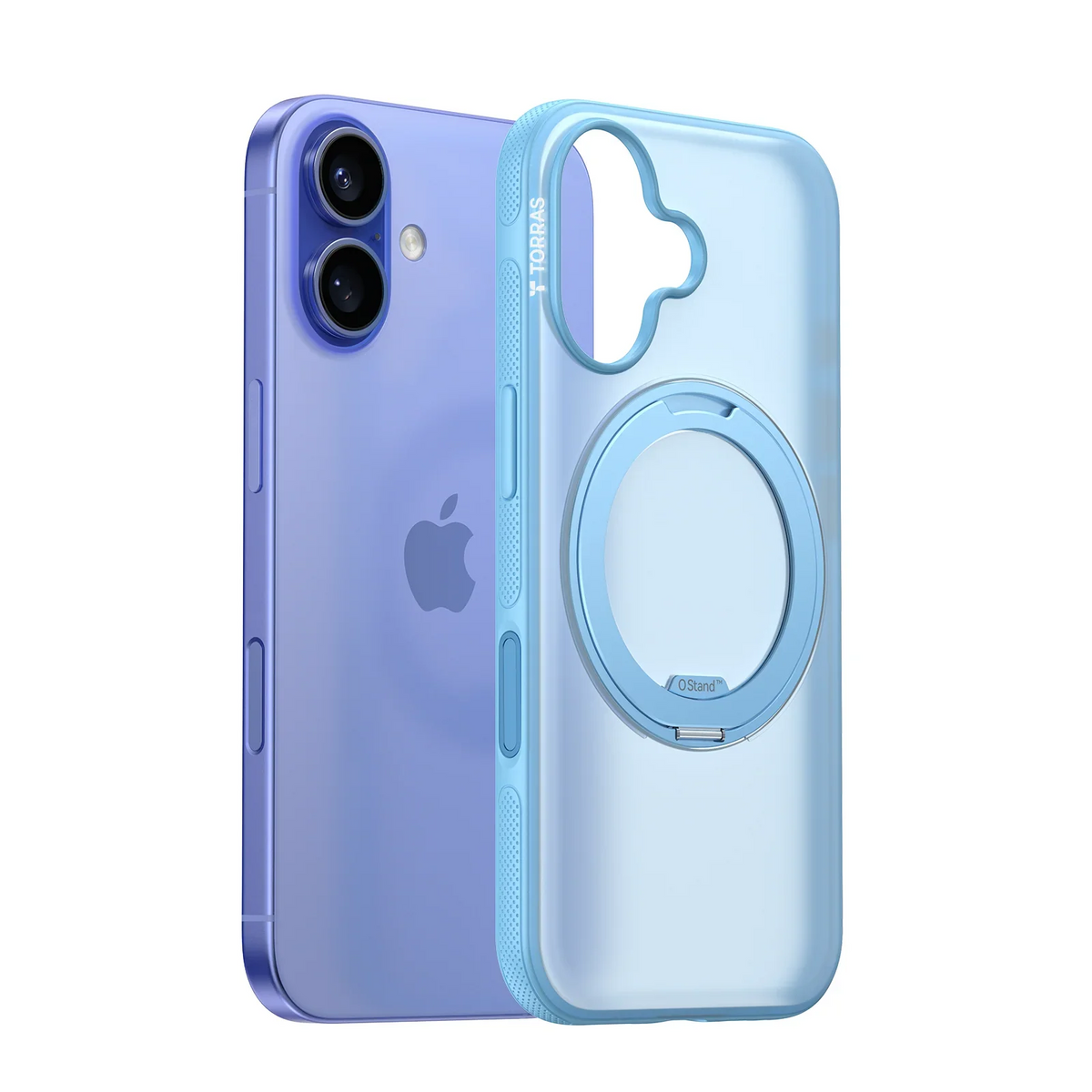 TORRAS Ostand O3 Fitness magnetic stand case for iPhone 16, translucent blue.