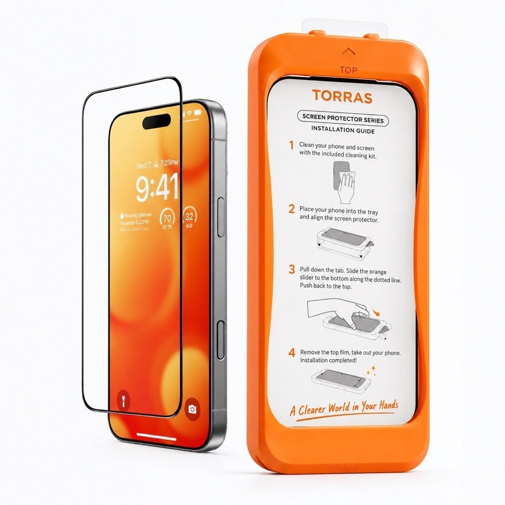 OrigArmor AR screen protector with orange installation tray; series illustration