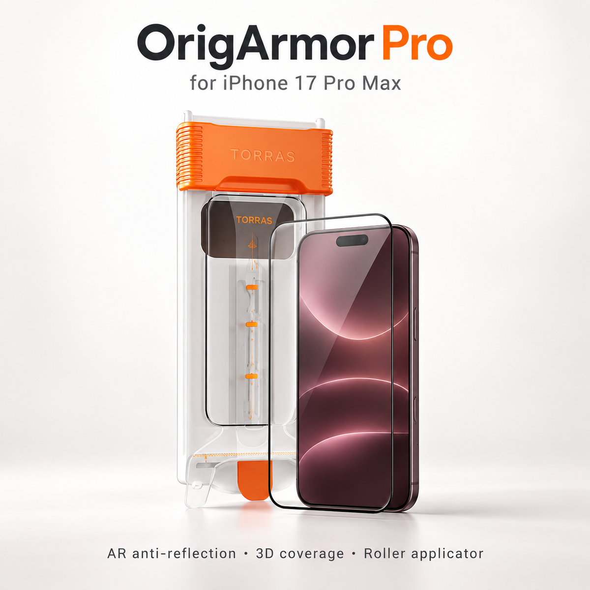 OrigArmor Pro clear screen protector with orange roller applicator for iPhone 17 Pro Max