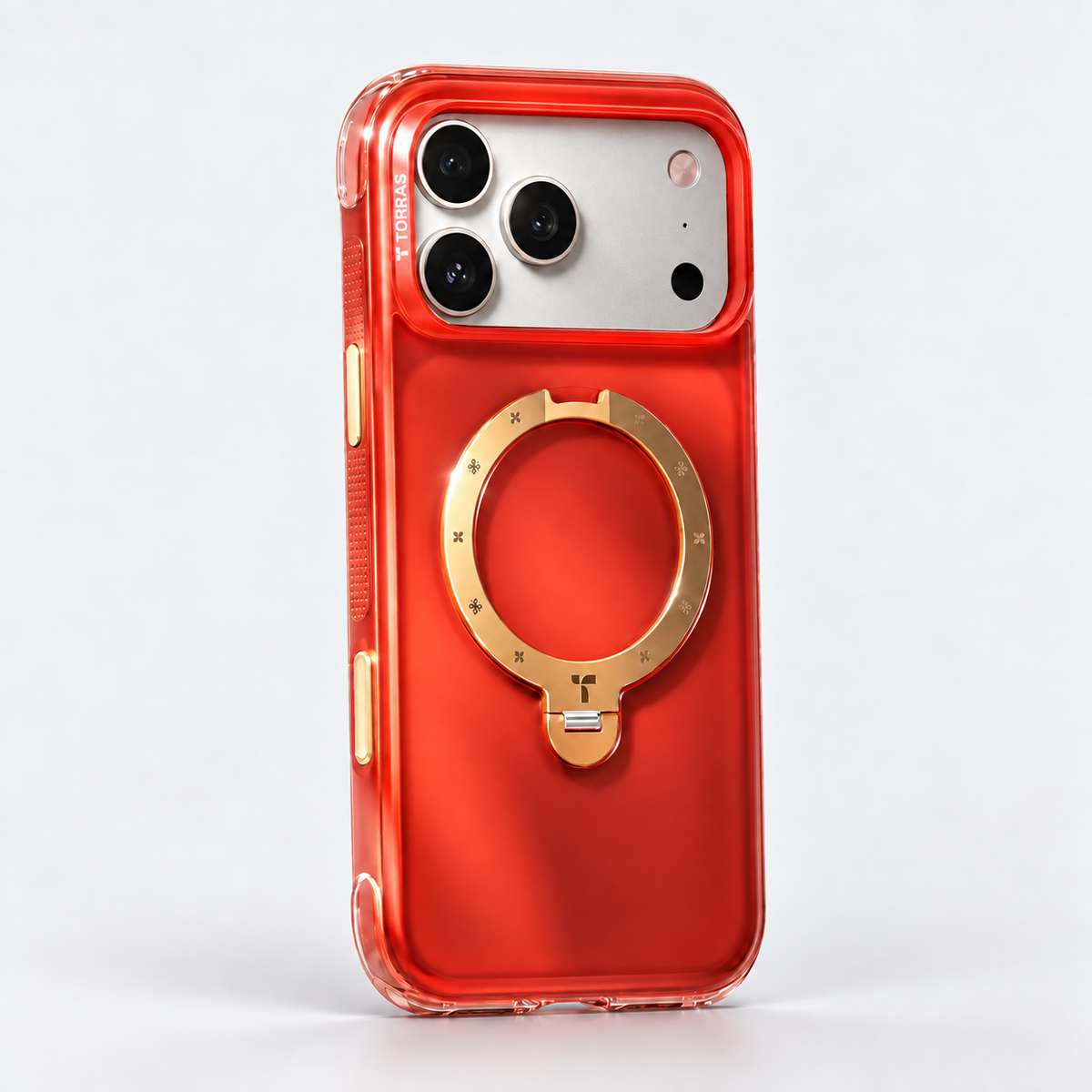 TORRAS Ostand Q3 Air Case for iPhone 17 Pro - Blazing Steed, translucent red with a gold ring stand