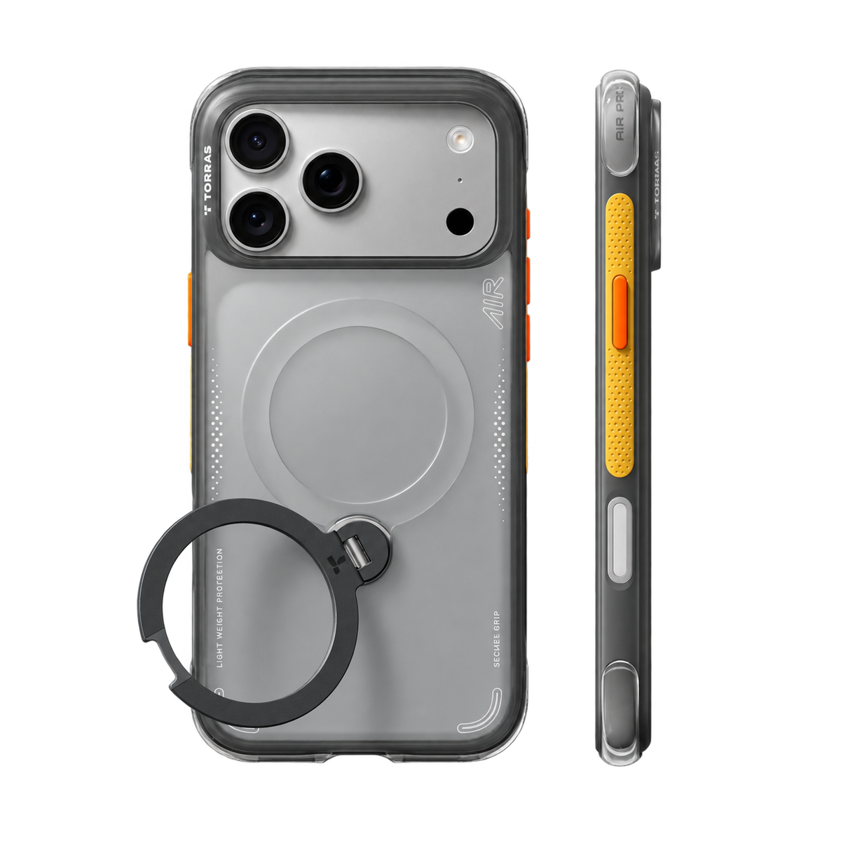 TORRAS Ostand Q3 Air for iPhone 18 Pro Max — Gray — rear and side views with magnetic ring stand