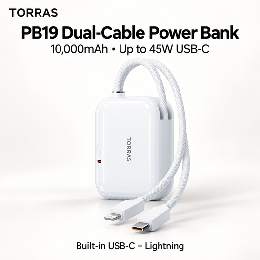 PB19 white 10000mAh power bank with USB-C and Lightning cables