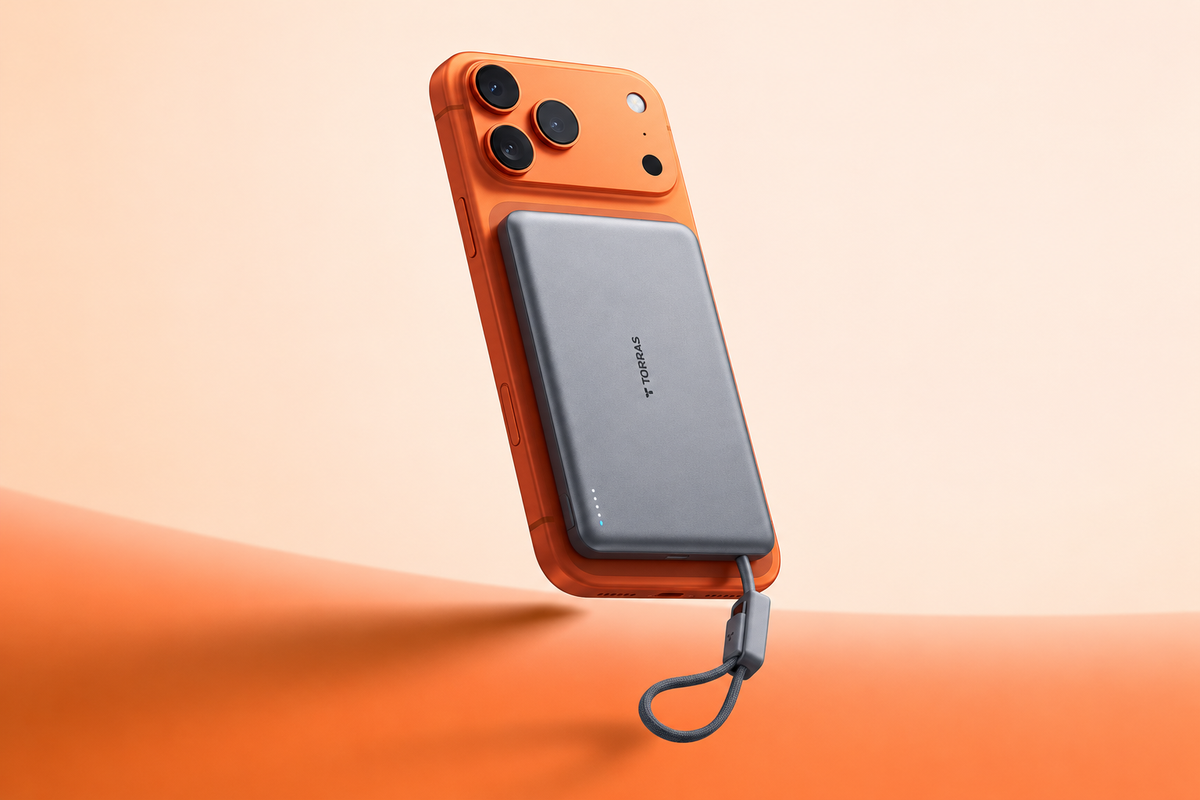 One Space Grey PB20B attached to an orange phone, with its built-in cable loop