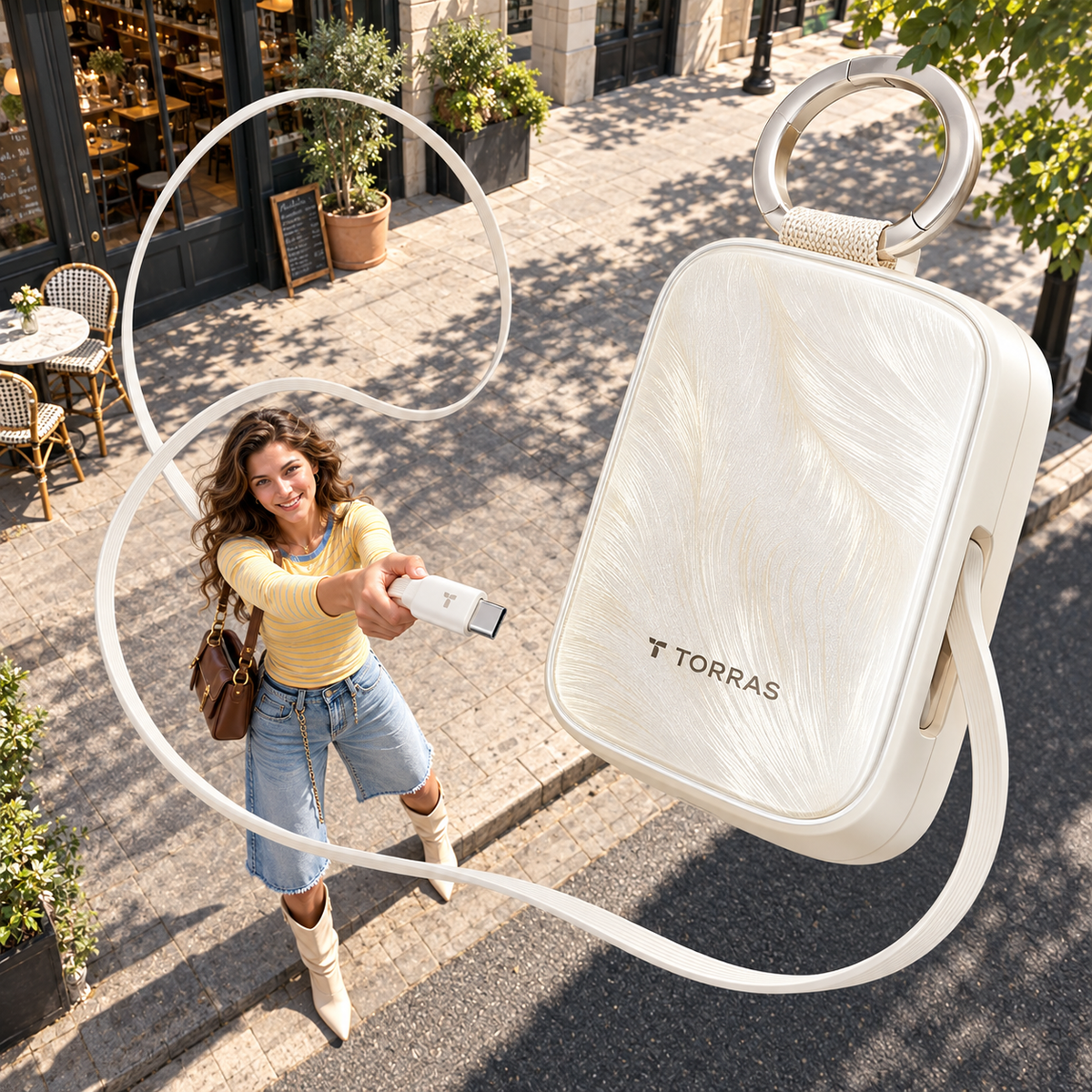 PearlGo Pro retractable USB-C cable in a creative city-street perspective scene