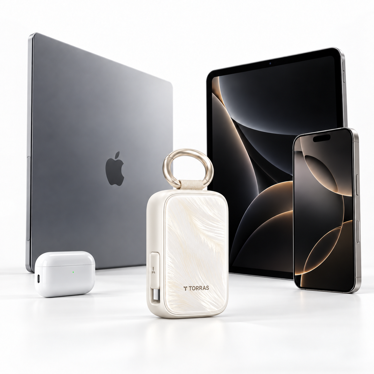 PearlGo Pro with USB-C phone, tablet, laptop and earbuds case as scene props