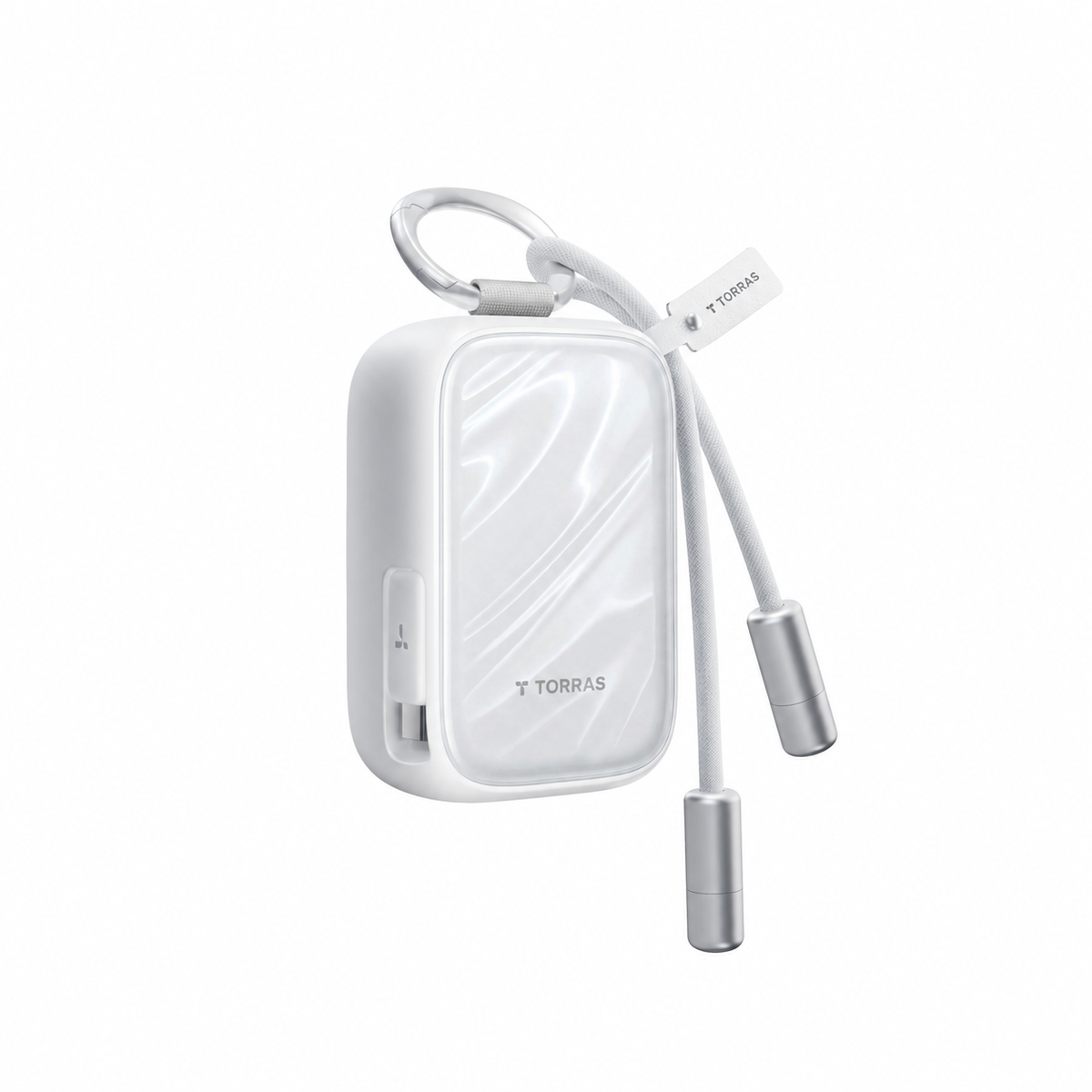 PearlGo Pearl White power bank with two capped USB-C lanyard cable ends