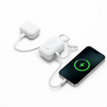 PearlGo charging earbuds and a USB-C phone with its built-in cable and USB-C lanyard cable