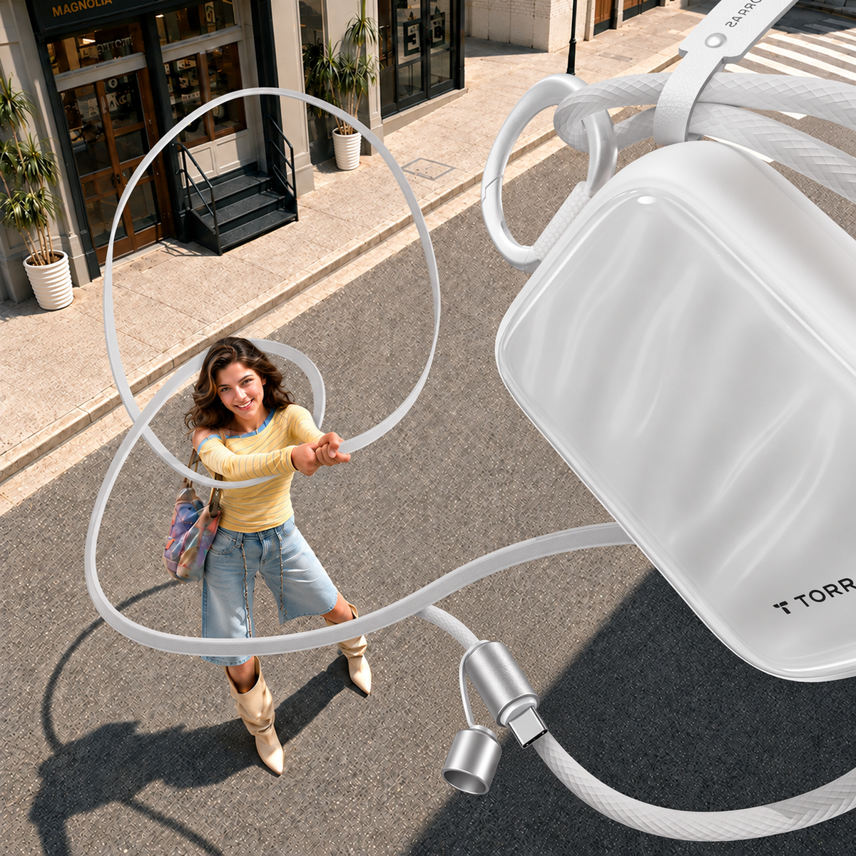 PearlGo retractable cable in a street scene with a USB-C lanyard connector