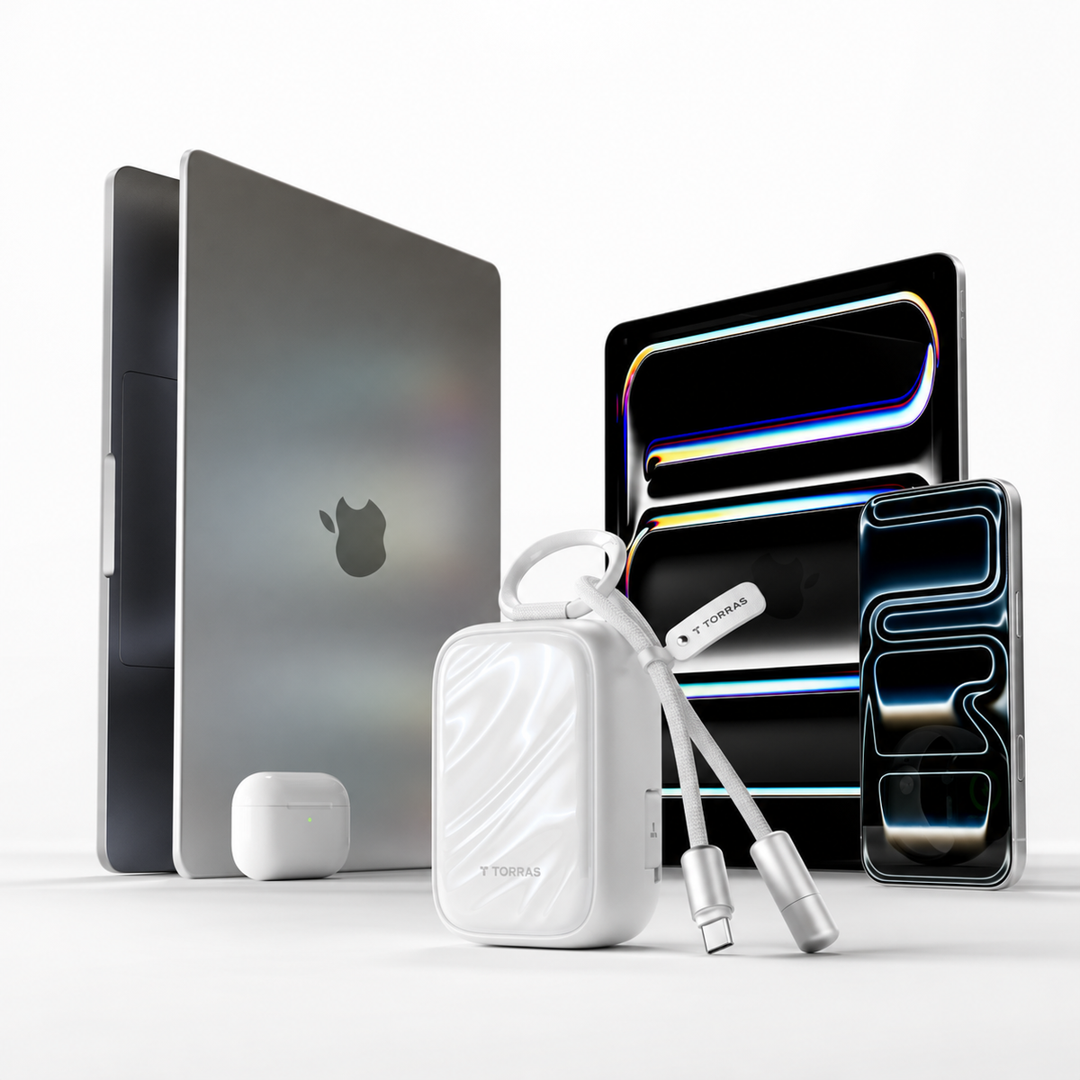 PearlGo USB-C lanyard cable edition with laptop, tablet, phone and earbuds