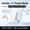 PearlGo Pearl White 45W power bank with built-in retractable USB-C cable and included USB-C lanyard cable